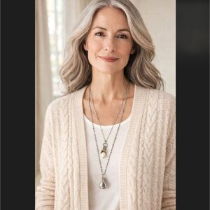 J Jill Layered Necklace Pear Charm Silver Gold Pearl Beaded Rhinestone Coastal